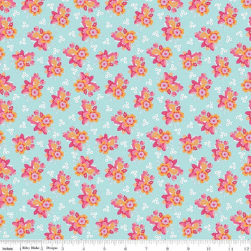 Image of Flourish Bouquet Aqua quilting cotton fabric by Sue Daley for Riley Blake Designs. Features flowers on a blue background. Cute Little Fabric Shop.