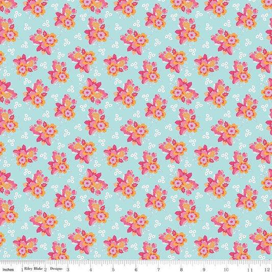 Image of Flourish Bouquet Aqua quilting cotton fabric by Sue Daley for Riley Blake Designs. Features flowers on a blue background. Cute Little Fabric Shop.