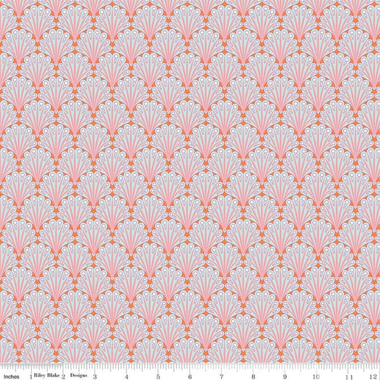 Image of Flourish Fantial Aqua quilting cotton fabric by Sue Daley for Riley Blake Designs. Features fan shapes on a blue and pink background. Cute Little Fabric Shop.