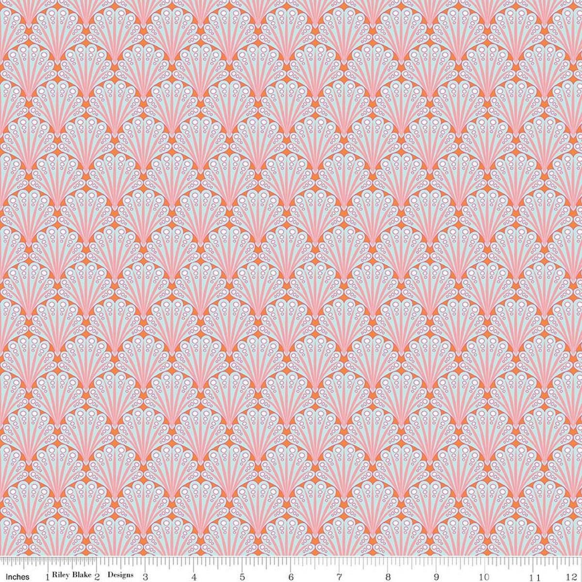 Image of Flourish Fantial Aqua quilting cotton fabric by Sue Daley for Riley Blake Designs. Features fan shapes on a blue and pink background. Cute Little Fabric Shop.