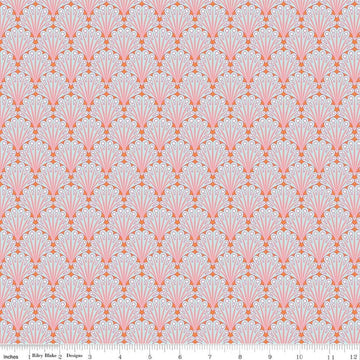 Image of Flourish Fantial Aqua quilting cotton fabric by Sue Daley for Riley Blake Designs. Features fan shapes on a blue and pink background. Cute Little Fabric Shop.