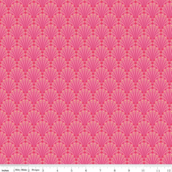 Image of Flourish Fantail Hot Pink quilting cotton fabric by Sue Daley for Riley Blake Designs. Features fan shapes on a pink background. Cute Little Fabric Shop.