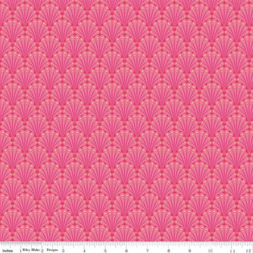 Image of Flourish Fantail Hot Pink quilting cotton fabric by Sue Daley for Riley Blake Designs. Features fan shapes on a pink background. Cute Little Fabric Shop.