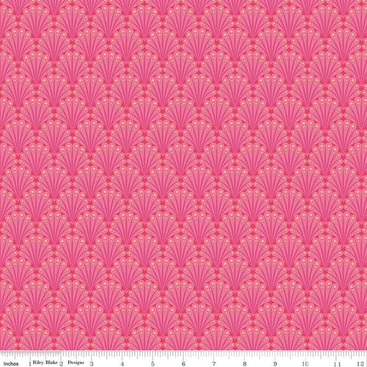 Image of Flourish Fantail Hot Pink quilting cotton fabric by Sue Daley for Riley Blake Designs. Features fan shapes on a pink background. Cute Little Fabric Shop.