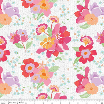 Image of Flourish Main White quilting cotton fabric by Sue Daley for Riley Blake Designs. Features flowers on a white background. Cute Little Fabric Shop.