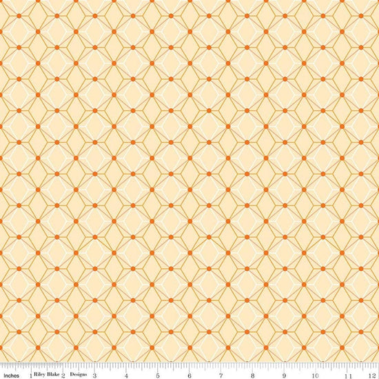 Image of Flourish Geometric Lemon quilting cotton fabric by Sue Daley for Riley Blake Designs. Features a geometric pattern on a yellow background. Cute Little Fabric Shop.