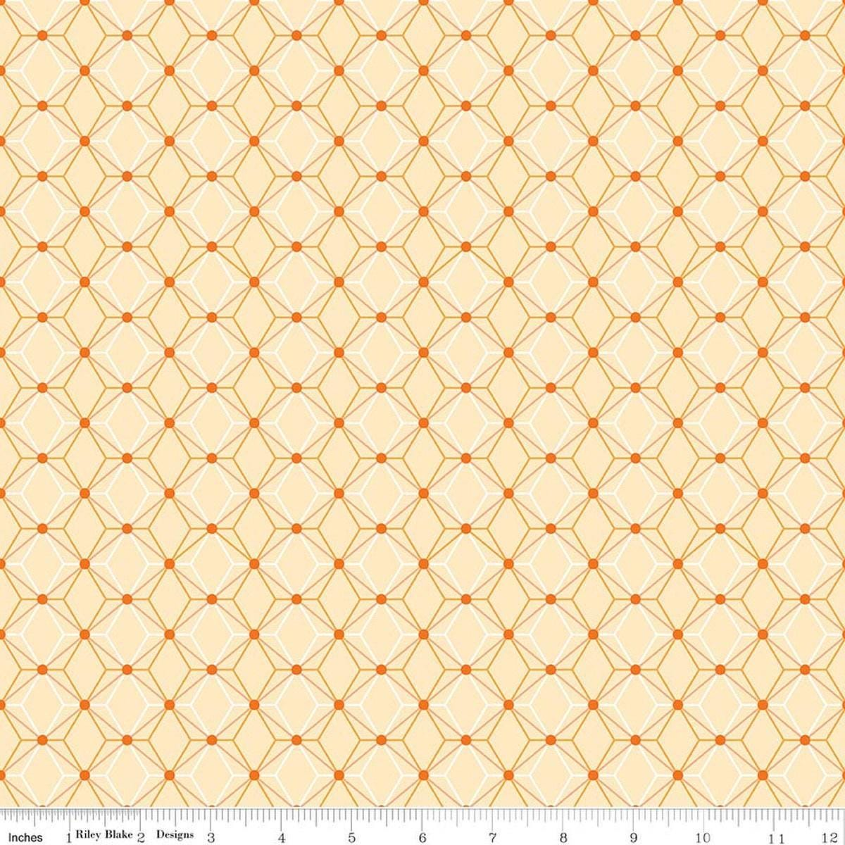 Image of Flourish Geometric Lemon quilting cotton fabric by Sue Daley for Riley Blake Designs. Features a geometric pattern on a yellow background. Cute Little Fabric Shop.