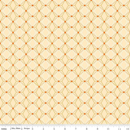 Image of Flourish Geometric Lemon quilting cotton fabric by Sue Daley for Riley Blake Designs. Features a geometric pattern on a yellow background. Cute Little Fabric Shop.