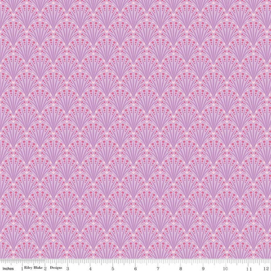 Image of Flourish Fantail Lilac quilting cotton fabric by Sue Daley for Riley Blake Designs. Features fan shapes on a purple background. Cute Little Fabric Shop.