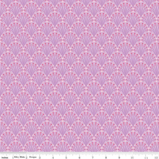 Image of Flourish Fantail Lilac quilting cotton fabric by Sue Daley for Riley Blake Designs. Features fan shapes on a purple background. Cute Little Fabric Shop.