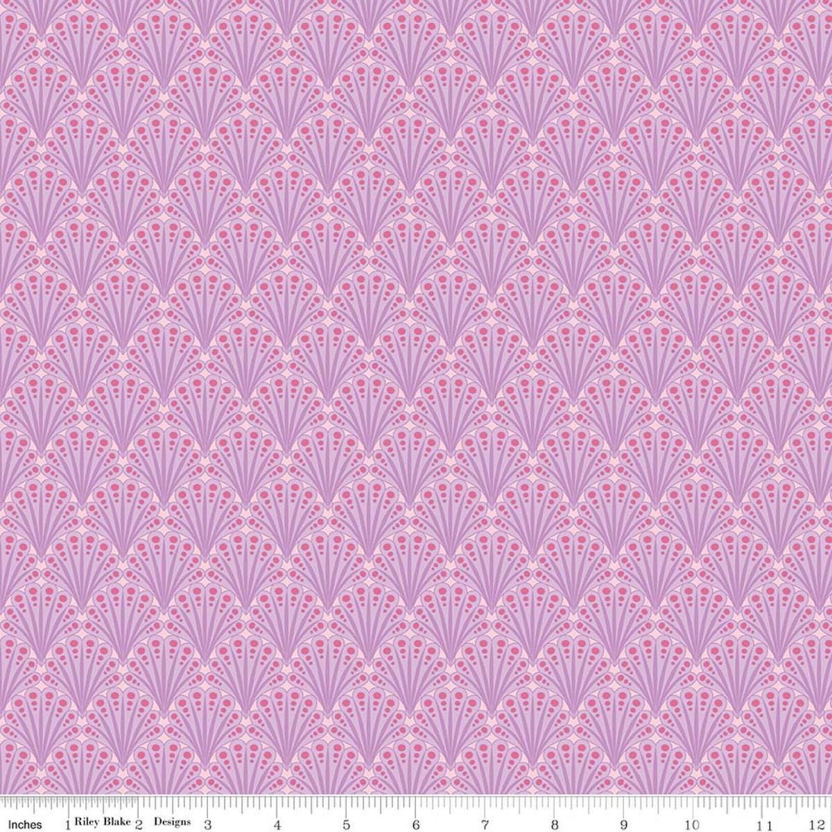Image of Flourish Fantail Lilac quilting cotton fabric by Sue Daley for Riley Blake Designs. Features fan shapes on a purple background. Cute Little Fabric Shop.