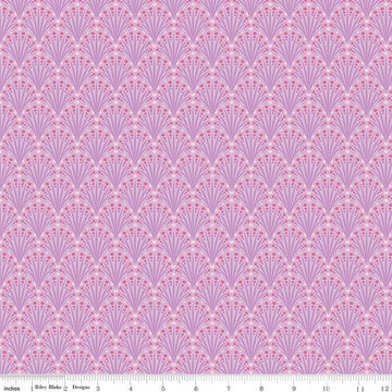 Image of Flourish Fantail Lilac quilting cotton fabric by Sue Daley for Riley Blake Designs. Features fan shapes on a purple background. Cute Little Fabric Shop.