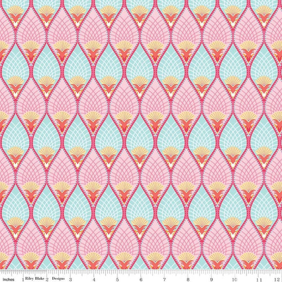 Image of Flourish Pineapple Aqua quilting cotton fabric by Sue Daley for Riley Blake Designs. Features a geometric pattern on a blue and purple background. Cute Little Fabric Shop.