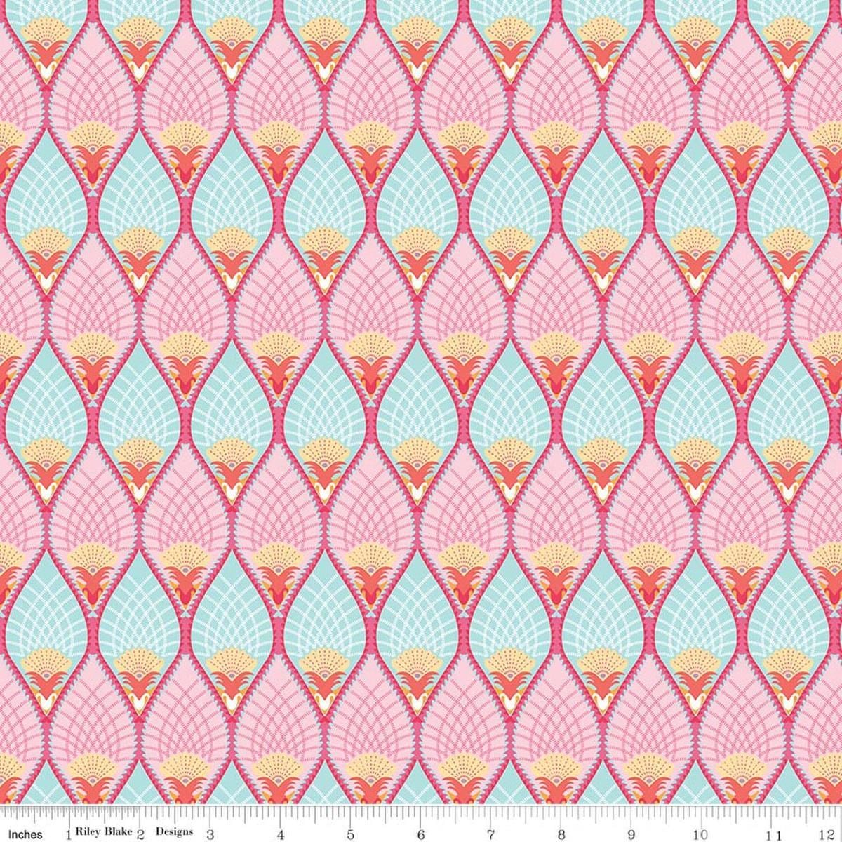 Image of Flourish Pineapple Aqua quilting cotton fabric by Sue Daley for Riley Blake Designs. Features a geometric pattern on a blue and purple background. Cute Little Fabric Shop.