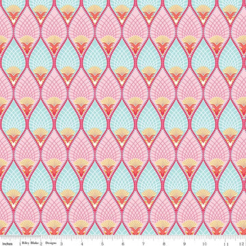 Image of Flourish Pineapple Aqua quilting cotton fabric by Sue Daley for Riley Blake Designs. Features a geometric pattern on a blue and purple background. Cute Little Fabric Shop.
