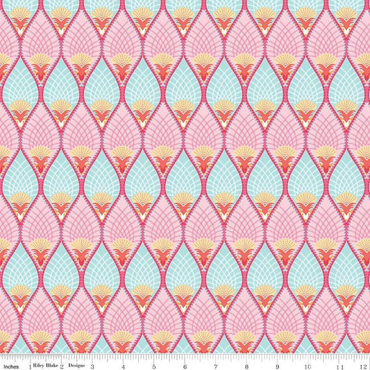 Image of Flourish Pineapple Aqua quilting cotton fabric by Sue Daley for Riley Blake Designs. Features a geometric pattern on a blue and purple background. Cute Little Fabric Shop.