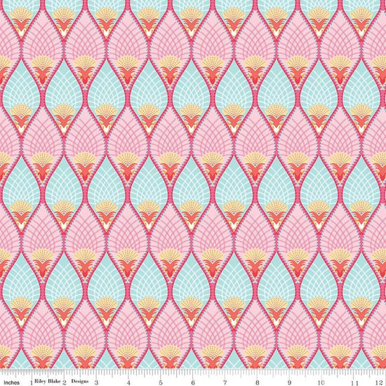 Image of Flourish Pineapple Aqua quilting cotton fabric by Sue Daley for Riley Blake Designs. Features a geometric pattern on a blue and purple background. Cute Little Fabric Shop.