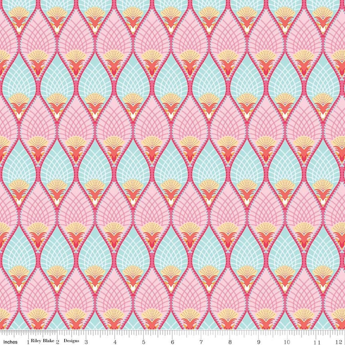 Image of Flourish Pineapple Aqua quilting cotton fabric by Sue Daley for Riley Blake Designs. Features a geometric pattern on a blue and purple background. Cute Little Fabric Shop.