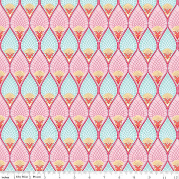Image of Flourish Pineapple Aqua quilting cotton fabric by Sue Daley for Riley Blake Designs. Features a geometric pattern on a blue and purple background. Cute Little Fabric Shop.