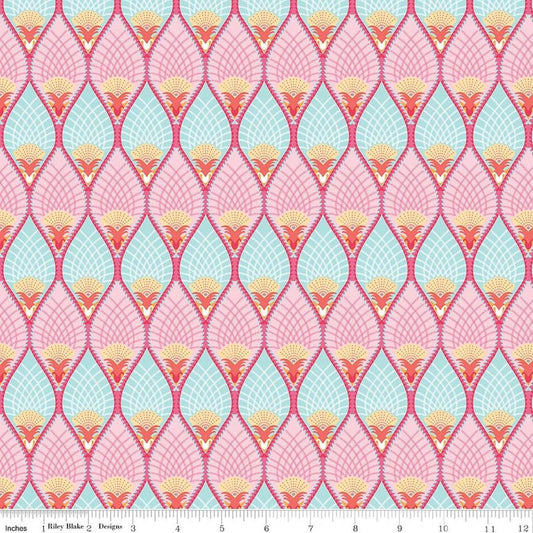 Image of Flourish Pineapple Aqua quilting cotton fabric by Sue Daley for Riley Blake Designs. Features a geometric pattern on a blue and purple background. Cute Little Fabric Shop.