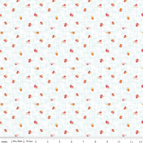 Image of Flourish Ditsy Aqua quilting cotton fabric by Sue Daley for Riley Blake Designs. Features flowers on a white background. Cute Little Fabric Shop.