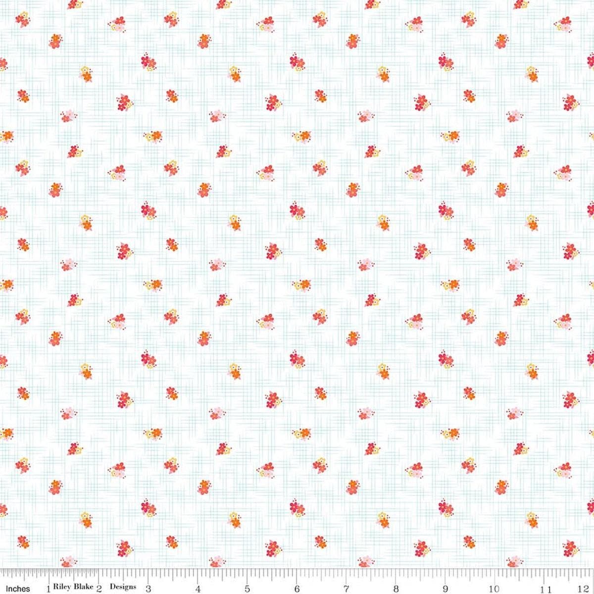 Image of Flourish Ditsy Aqua quilting cotton fabric by Sue Daley for Riley Blake Designs. Features flowers on a white background. Cute Little Fabric Shop.