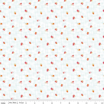 Image of Flourish Ditsy Aqua quilting cotton fabric by Sue Daley for Riley Blake Designs. Features flowers on a white background. Cute Little Fabric Shop.
