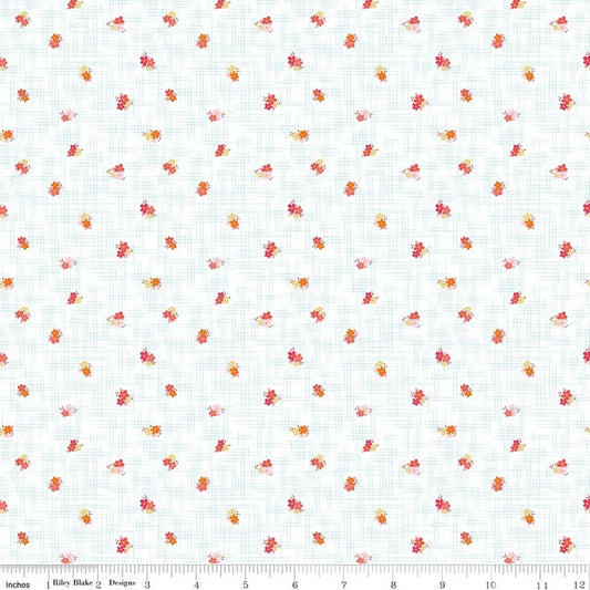 Image of Flourish Ditsy Aqua quilting cotton fabric by Sue Daley for Riley Blake Designs. Features flowers on a white background. Cute Little Fabric Shop.