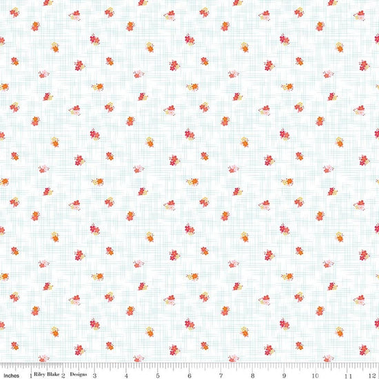 Image of Flourish Ditsy Aqua quilting cotton fabric by Sue Daley for Riley Blake Designs. Features flowers on a white background. Cute Little Fabric Shop.