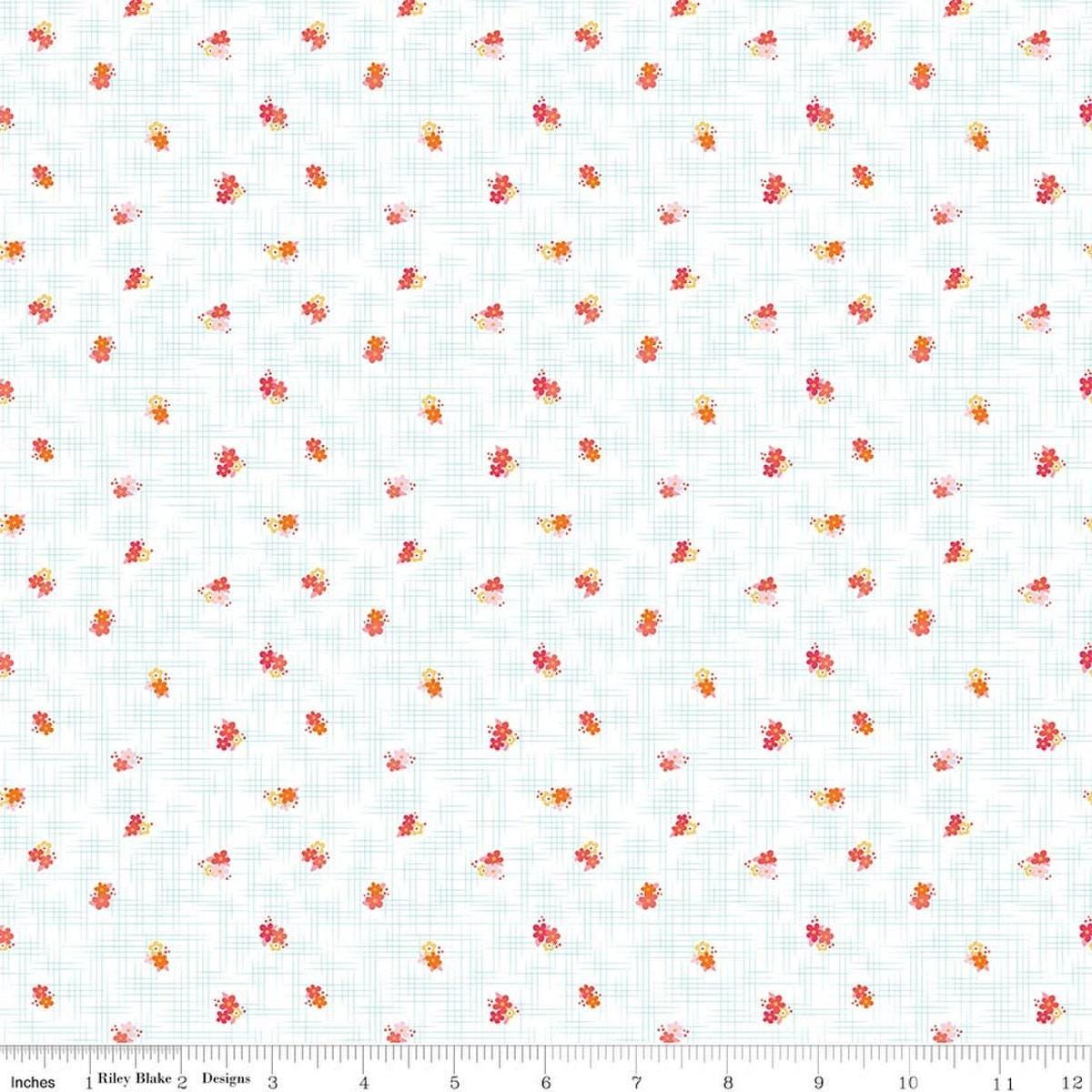 Image of Flourish Ditsy Aqua quilting cotton fabric by Sue Daley for Riley Blake Designs. Features flowers on a white background. Cute Little Fabric Shop.