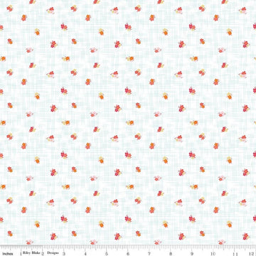 Image of Flourish Ditsy Aqua quilting cotton fabric by Sue Daley for Riley Blake Designs. Features flowers on a white background. Cute Little Fabric Shop.