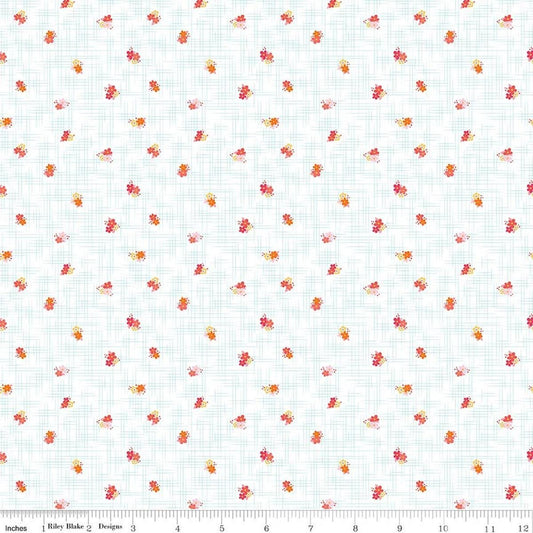 Image of Flourish Ditsy Aqua quilting cotton fabric by Sue Daley for Riley Blake Designs. Features flowers on a white background. Cute Little Fabric Shop.