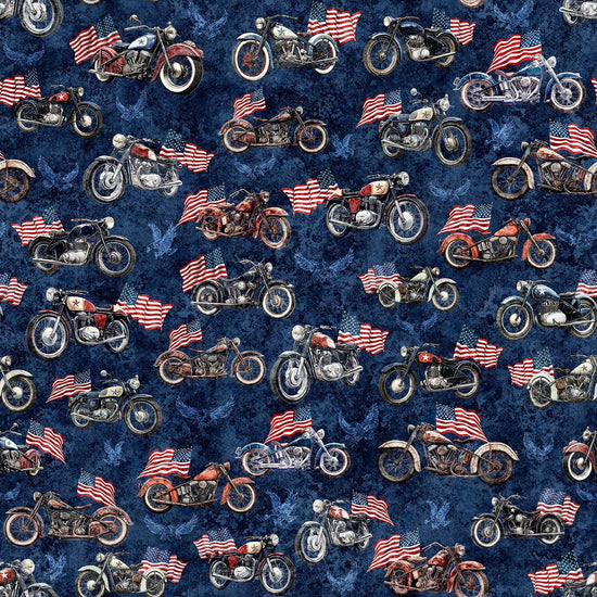 Image of Stars, Stripes, & Steel Motorcycles and American Flags Navy quilting cotton fabric by Morris Creative Group for QT Fabrics. Features motorcycles on a blue background. Cute Little Fabric Shop.