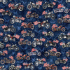 Image of Stars, Stripes, & Steel Motorcycles and American Flags Navy quilting cotton fabric by Morris Creative Group for QT Fabrics. Features motorcycles on a blue background. Cute Little Fabric Shop.