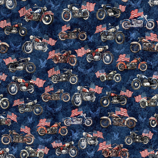 Image of Stars, Stripes, & Steel Motorcycles and American Flags Navy quilting cotton fabric by Morris Creative Group for QT Fabrics. Features motorcycles on a blue background. Cute Little Fabric Shop.