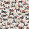 Image of Stars, Stripes, & Steel Motorcycles and American Flags Birch quilting cotton fabric by Morris Creative Group for QT Fabrics. Features motorcycles on a cream background. Cute Little Fabric Shop.