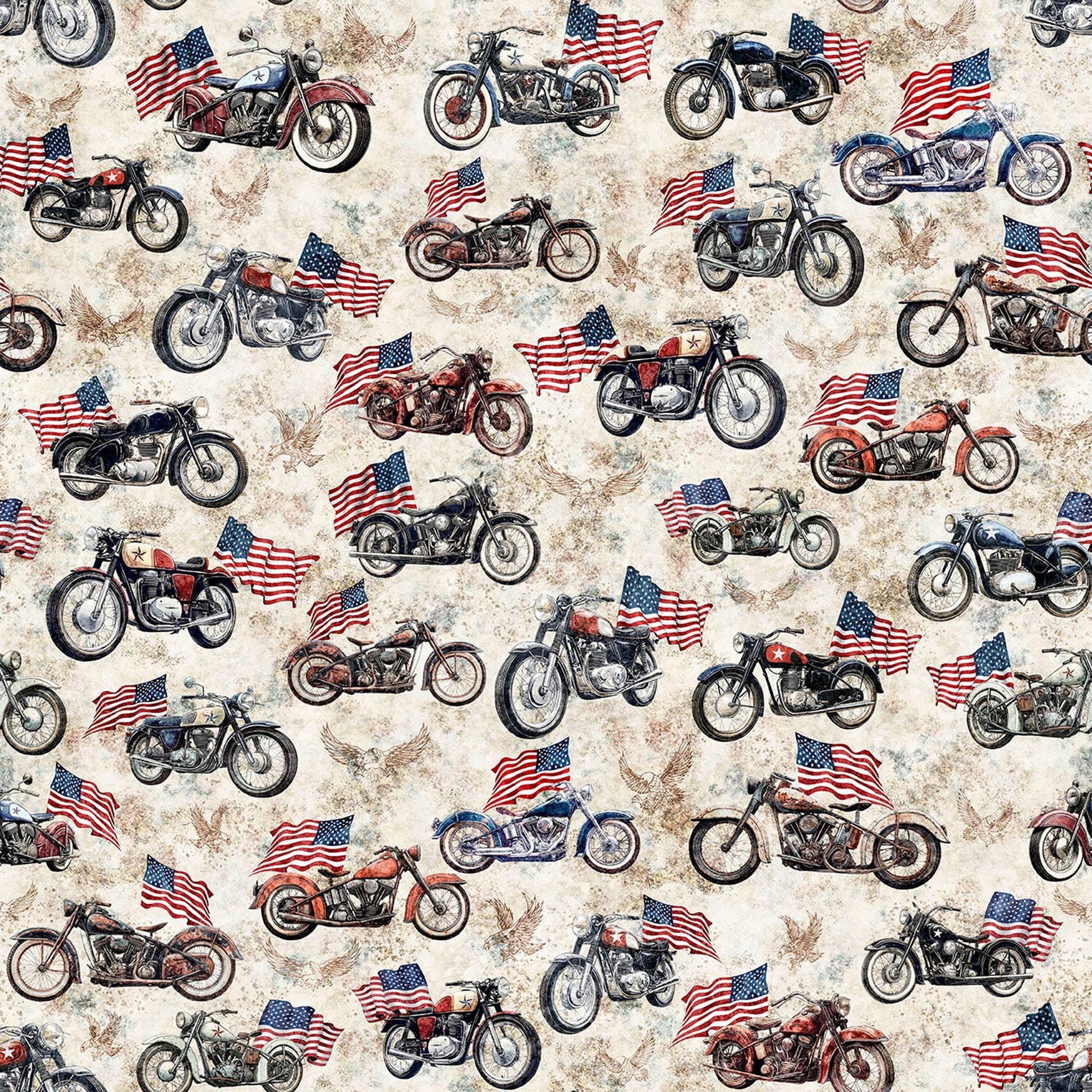 Image of Stars, Stripes, & Steel Motorcycles and American Flags Birch quilting cotton fabric by Morris Creative Group for QT Fabrics. Features motorcycles on a cream background. Cute Little Fabric Shop.