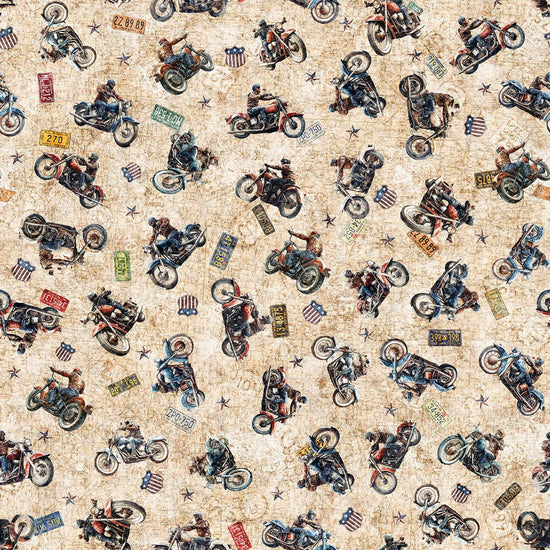 Image of Stars, Stripes, & Steel Grunge Biker Toss Tan quilting cotton fabric by Morris Creative Group for QT Fabrics. Features motorcycles on a cream background. Cute Little Fabric Shop.