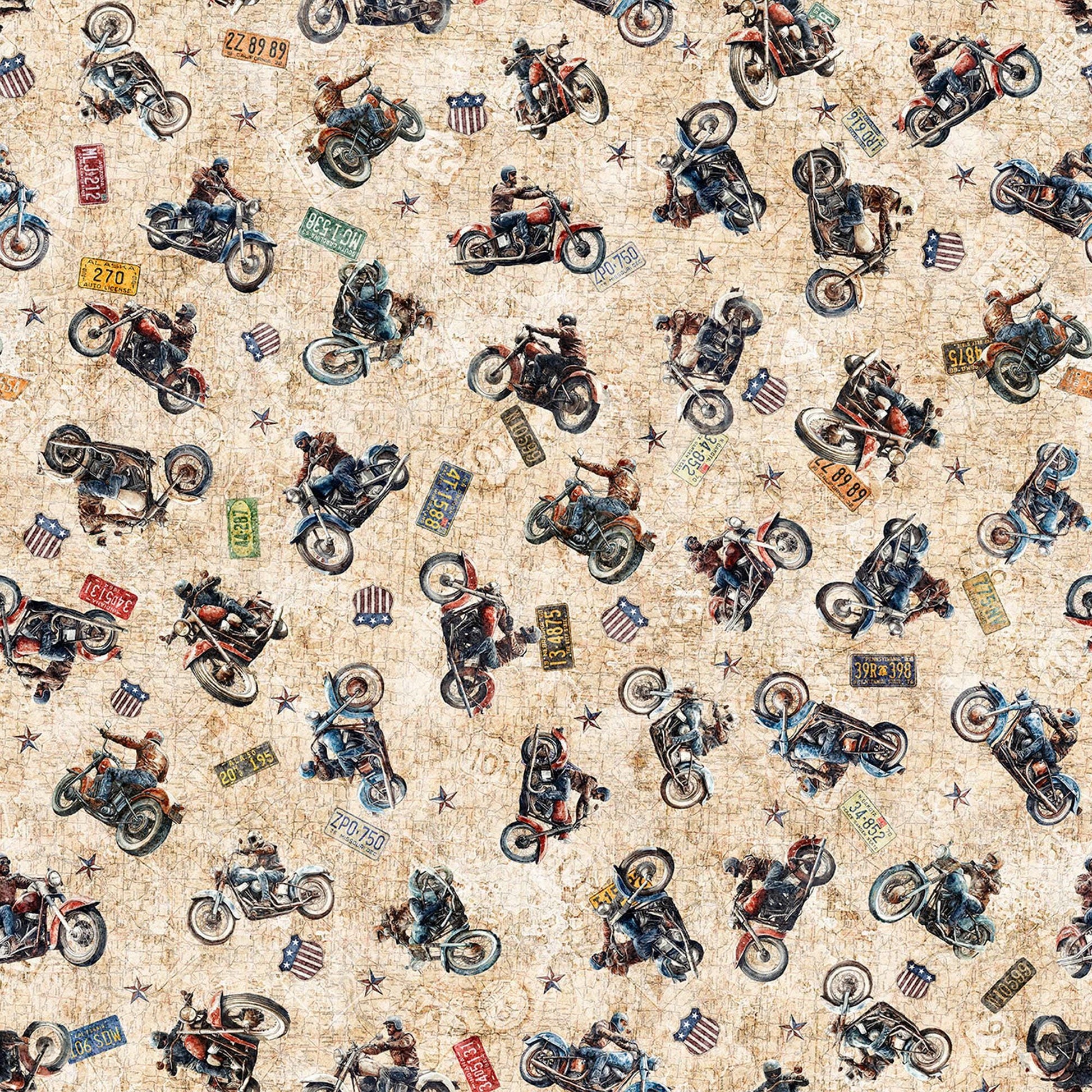 Image of Stars, Stripes, & Steel Grunge Biker Toss Tan quilting cotton fabric by Morris Creative Group for QT Fabrics. Features motorcycles on a cream background. Cute Little Fabric Shop.
