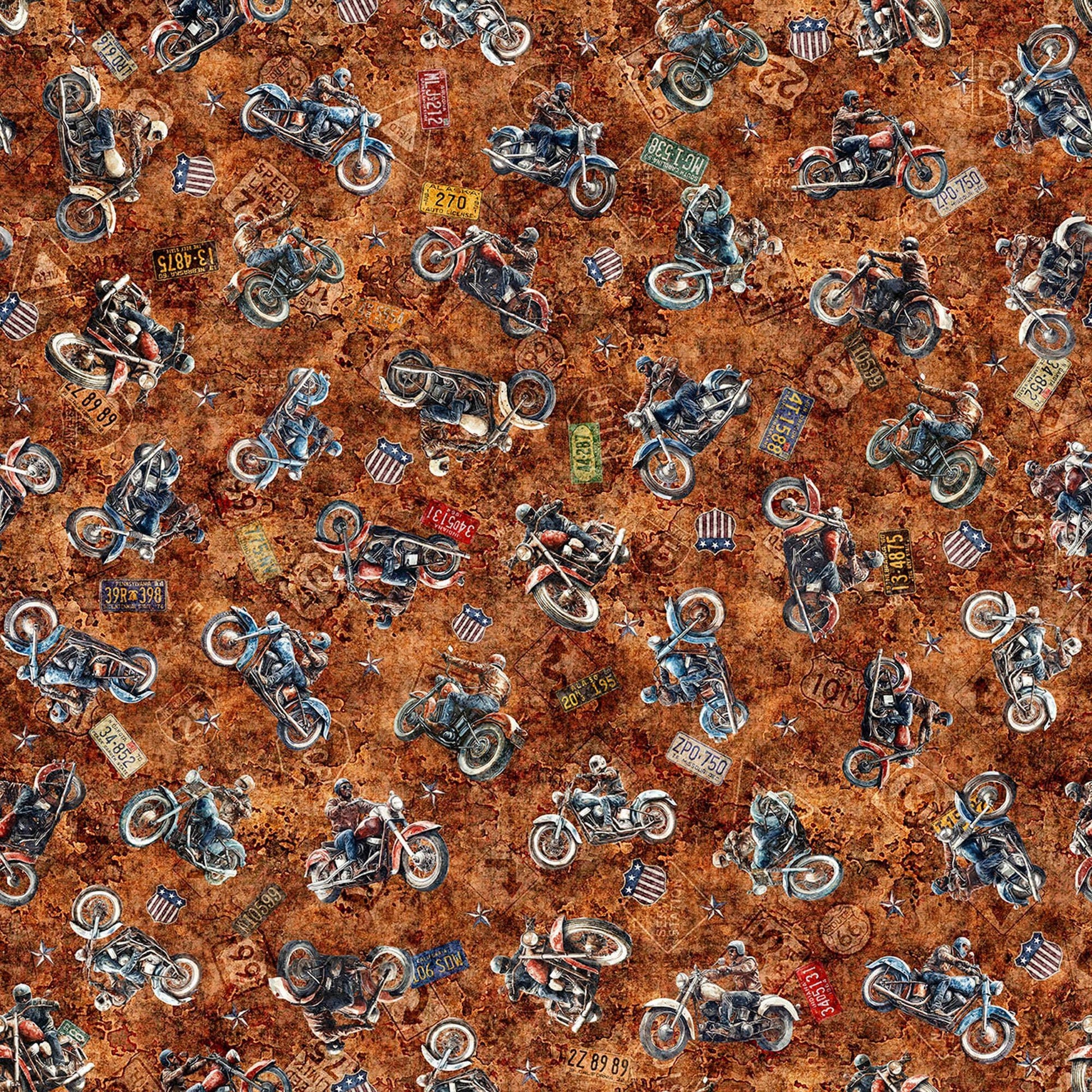 Image of Stars, Stripes, & Steel Grunge Biker Toss Rust quilting cotton fabric by Morris Creative Group for QT Fabrics. Features motorcycles on a brown background. Cute Little Fabric Shop.