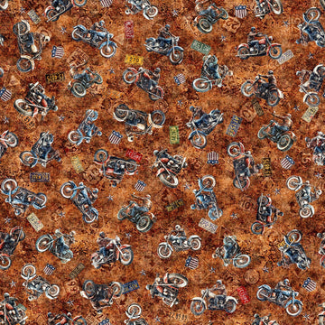 Image of Stars, Stripes, & Steel Grunge Biker Toss Rust quilting cotton fabric by Morris Creative Group for QT Fabrics. Features motorcycles on a brown background. Cute Little Fabric Shop.