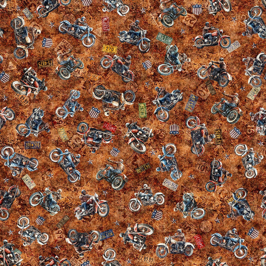 Image of Stars, Stripes, & Steel Grunge Biker Toss Rust quilting cotton fabric by Morris Creative Group for QT Fabrics. Features motorcycles on a brown background. Cute Little Fabric Shop.