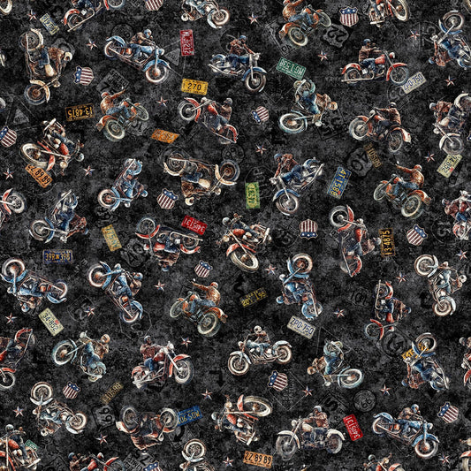 Image of Stars, Stripes, & Steel Grunge Biker Biker Toss Black quilting cotton fabric by Morris Creative Group for QT Fabrics. Features motorcycles on a black background. Cute Little Fabric Shop.