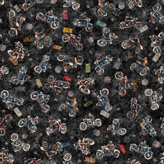 Image of Stars, Stripes, & Steel Grunge Biker Biker Toss Black quilting cotton fabric by Morris Creative Group for QT Fabrics. Features motorcycles on a black background. Cute Little Fabric Shop.