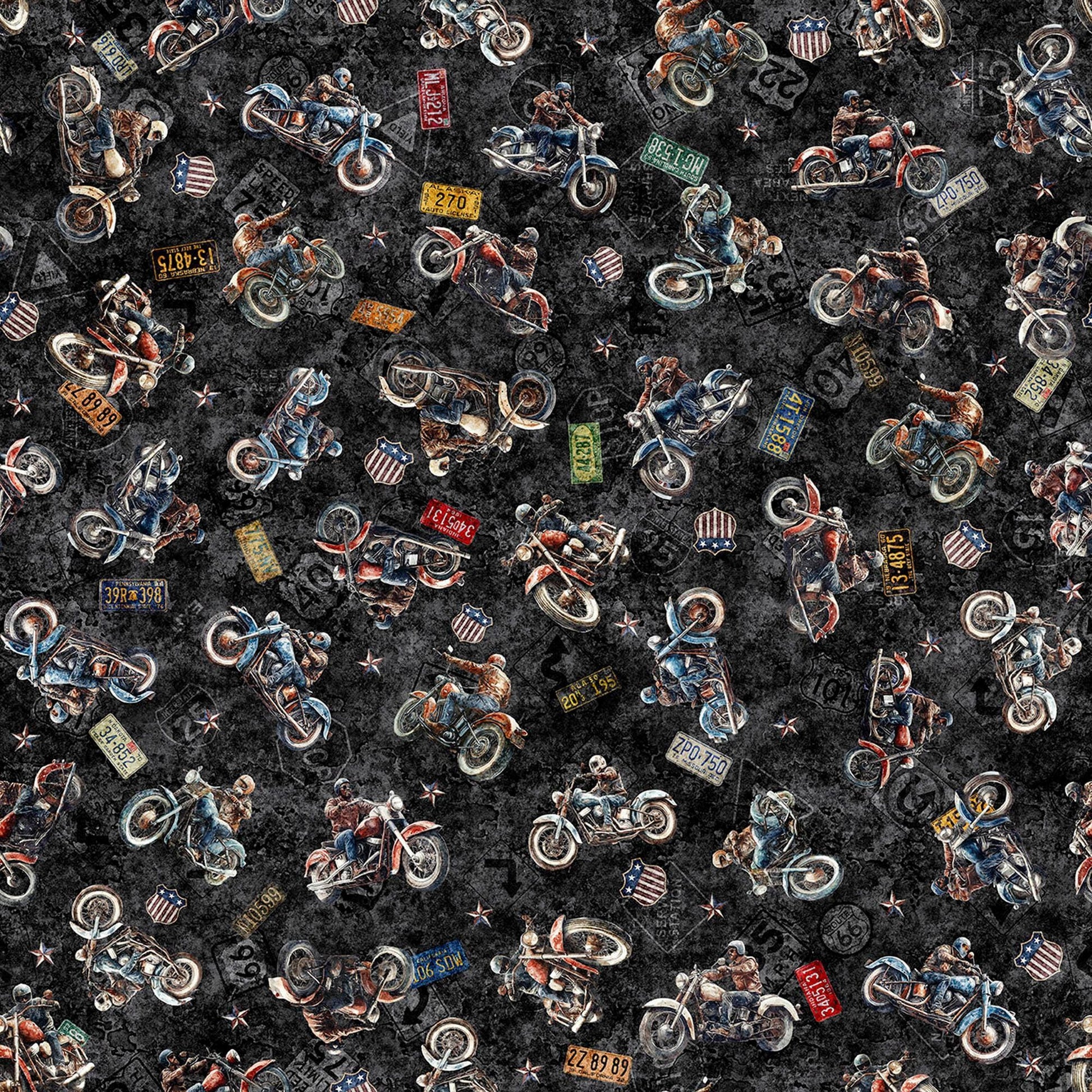 Image of Stars, Stripes, & Steel Grunge Biker Biker Toss Black quilting cotton fabric by Morris Creative Group for QT Fabrics. Features motorcycles on a black background. Cute Little Fabric Shop.