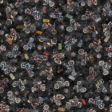Image of Stars, Stripes, & Steel Grunge Biker Biker Toss Black quilting cotton fabric by Morris Creative Group for QT Fabrics. Features motorcycles on a black background. Cute Little Fabric Shop.