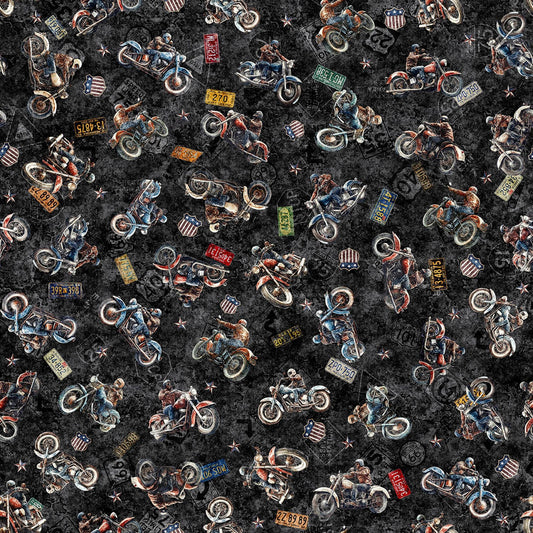Image of Stars, Stripes, & Steel Grunge Biker Biker Toss Black quilting cotton fabric by Morris Creative Group for QT Fabrics. Features motorcycles on a black background. Cute Little Fabric Shop.