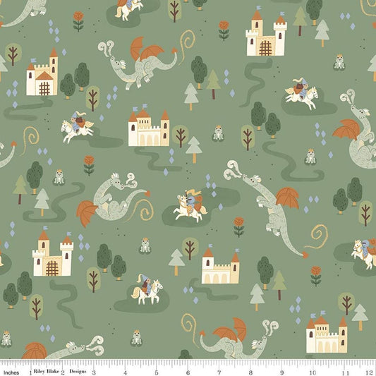 Image of Faraway Kingdom Main Forest quilting cotton fabric by Natàlia Juan Abelló for Riley Blake Designs. Features dragons and castles on a green background. Cute Little Fabric Shop.