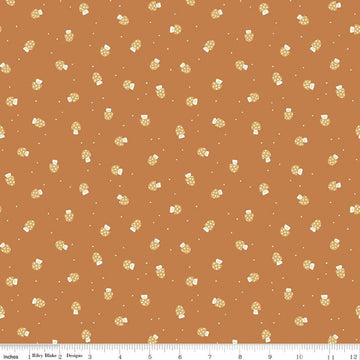 Image of Faraway Kingdom Mushroom Cheer Earth quilting cotton fabric by Natàlia Juan Abelló for Riley Blake Designs. Features mushrooms on a brown background. Cute Little Fabric Shop.