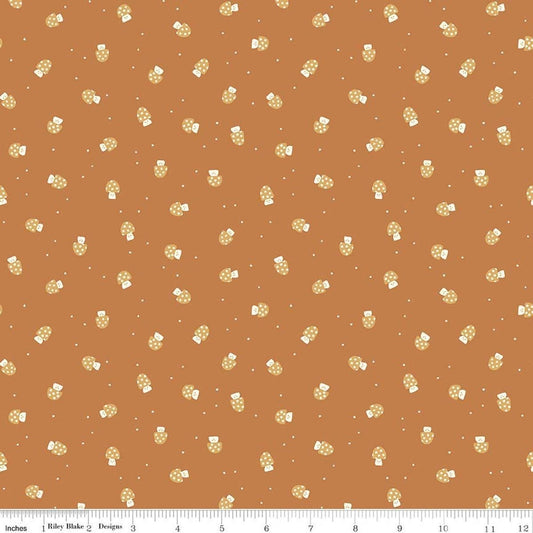 Image of Faraway Kingdom Mushroom Cheer Earth quilting cotton fabric by Natàlia Juan Abelló for Riley Blake Designs. Features mushrooms on a brown background. Cute Little Fabric Shop.